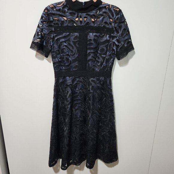 ANTONIO MELANI Dresses & Skirts - Antonio Melani Black /Blue Embroidered Lace Satin Short Sleeve Midi Dress- 2